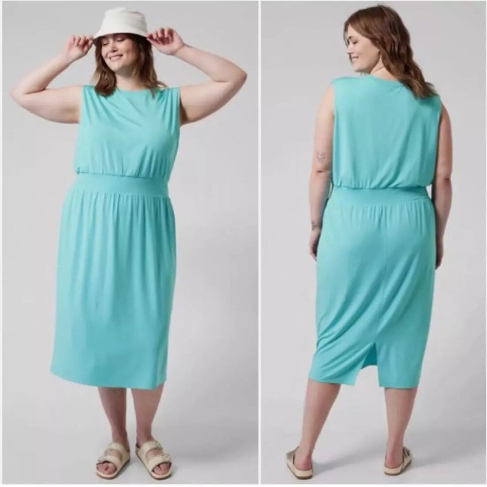 NWT ATHLETA Turquoise Blue Santorini Sleeveless Cinch Midi Dress Size Plus 1X